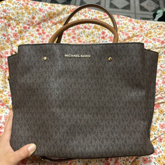 Michael Kors Brown Monogram Tote with Gold Accents - Picture 1 of 5